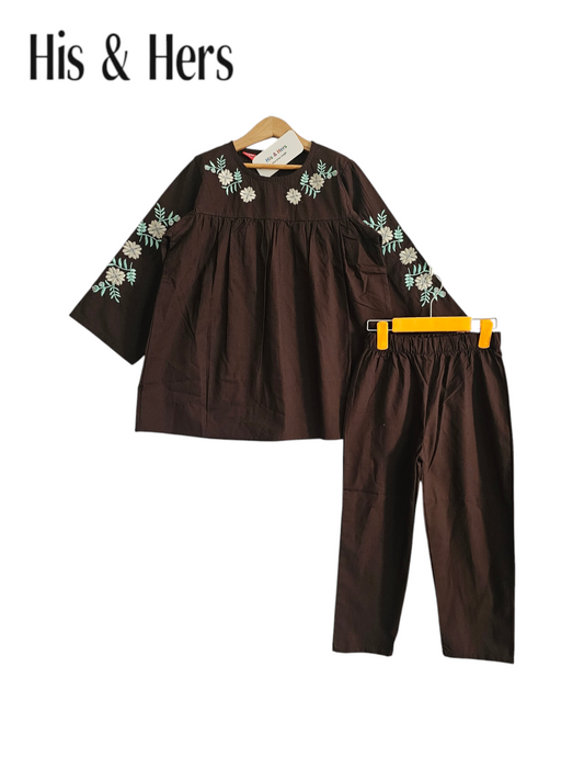 Flowers Embroidery Chocolate Brown Girls Suit L10