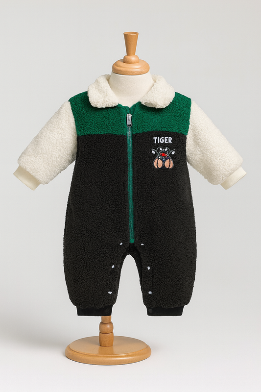 Cozy Tiger Baby Fleece Romper – Green & Black Winter Suit