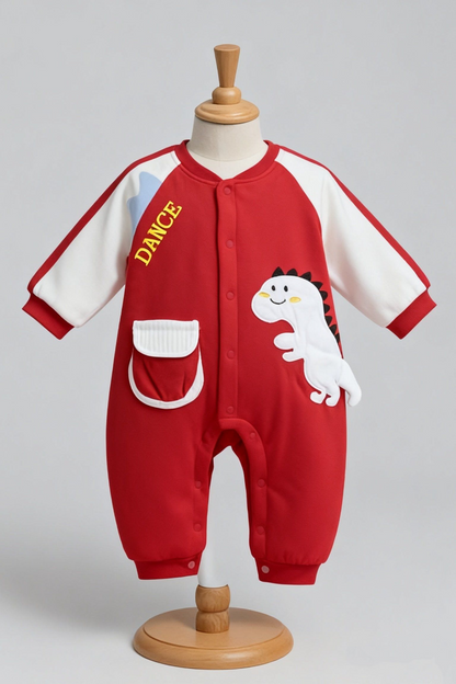 Playful Dino Dance Baby Romper – Red & Cream