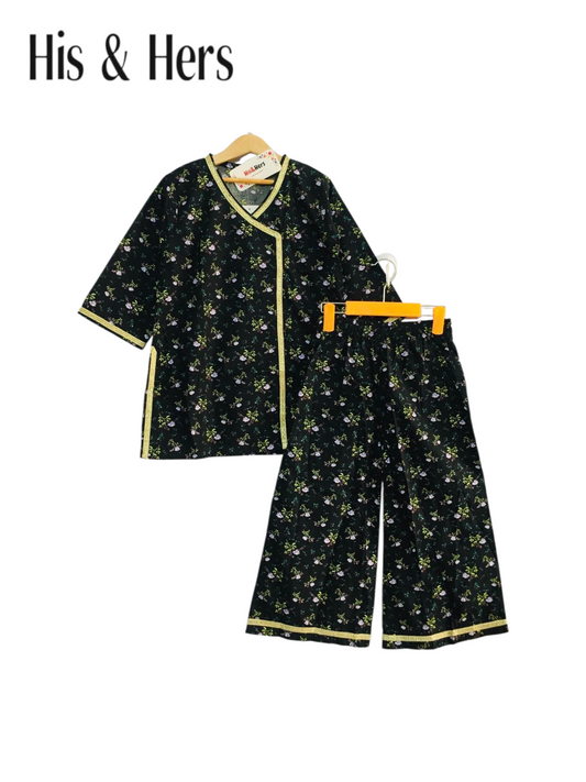 Purple Flowers Black Traditional Suit – 2-Piece Cotton Set 238
