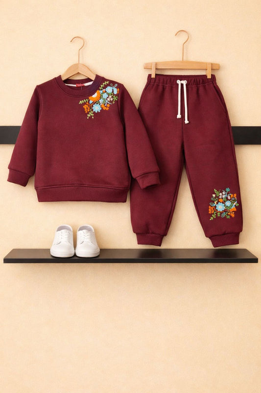Girls Floral Embroidery Mahroon Winter Tracksuit 504