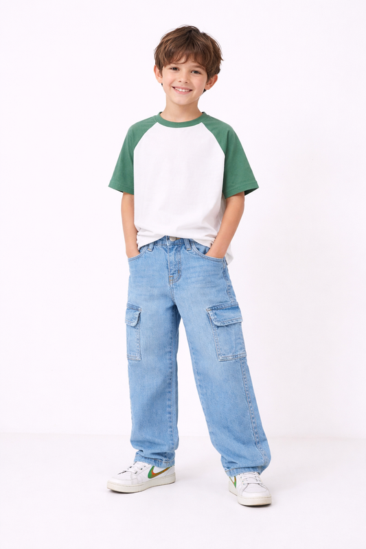 Boys Baggy Cargo Jeans-Light Blue 140