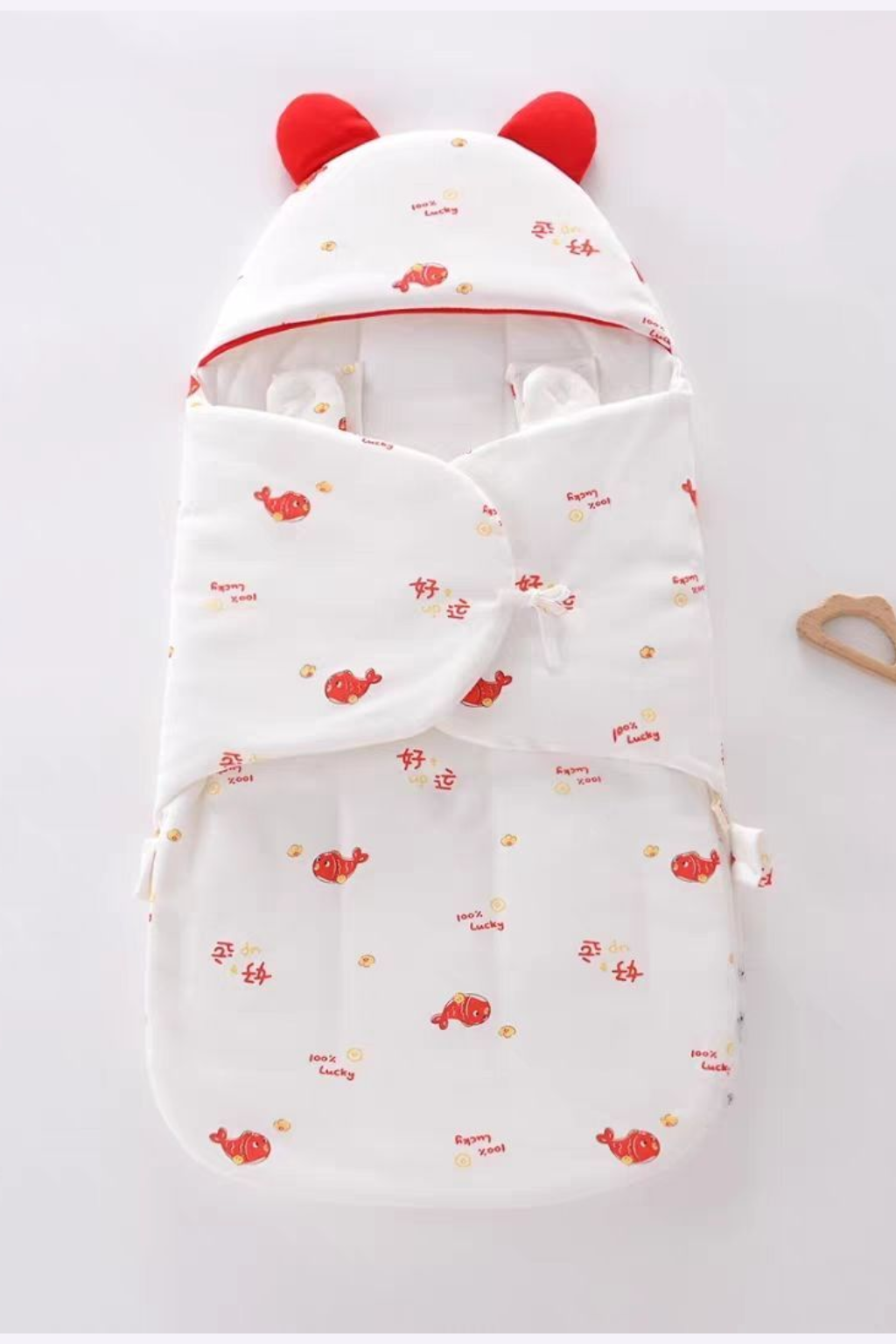 Lucky Fish Baby Swaddle Blanket – Red & White Cotton Newborn Sleeping Wrap
