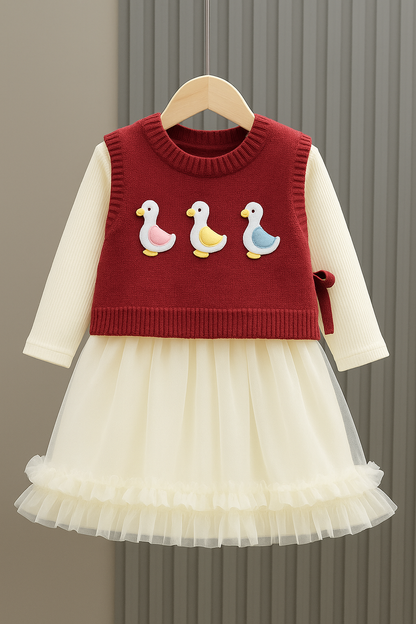 Girls Burgundy Duck Knit Vest with Cream Tulle Dress | 2-Piece Winter Outfit