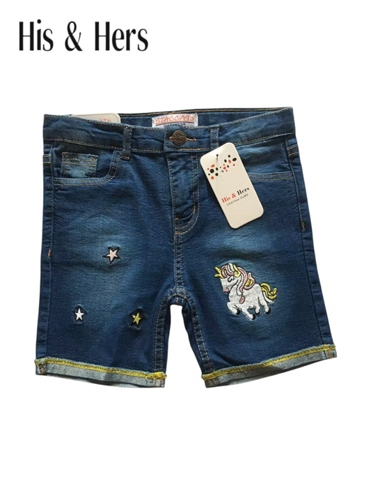 Unicorn Embroidery Mid Blue Denim Shorts Girls 120