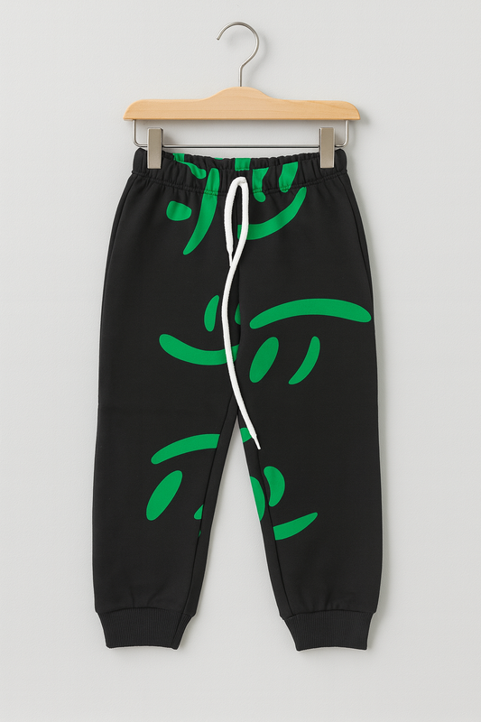Boys Black Graphic Jogger Pants with Green Print