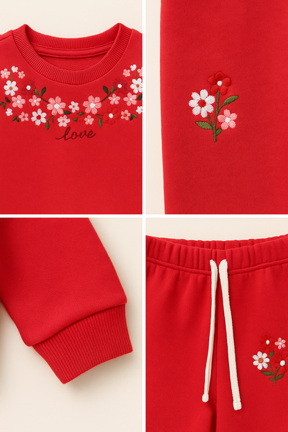 Red Embroidery Fleece Tracksuit – Cozy Winter Wear for Kids 263