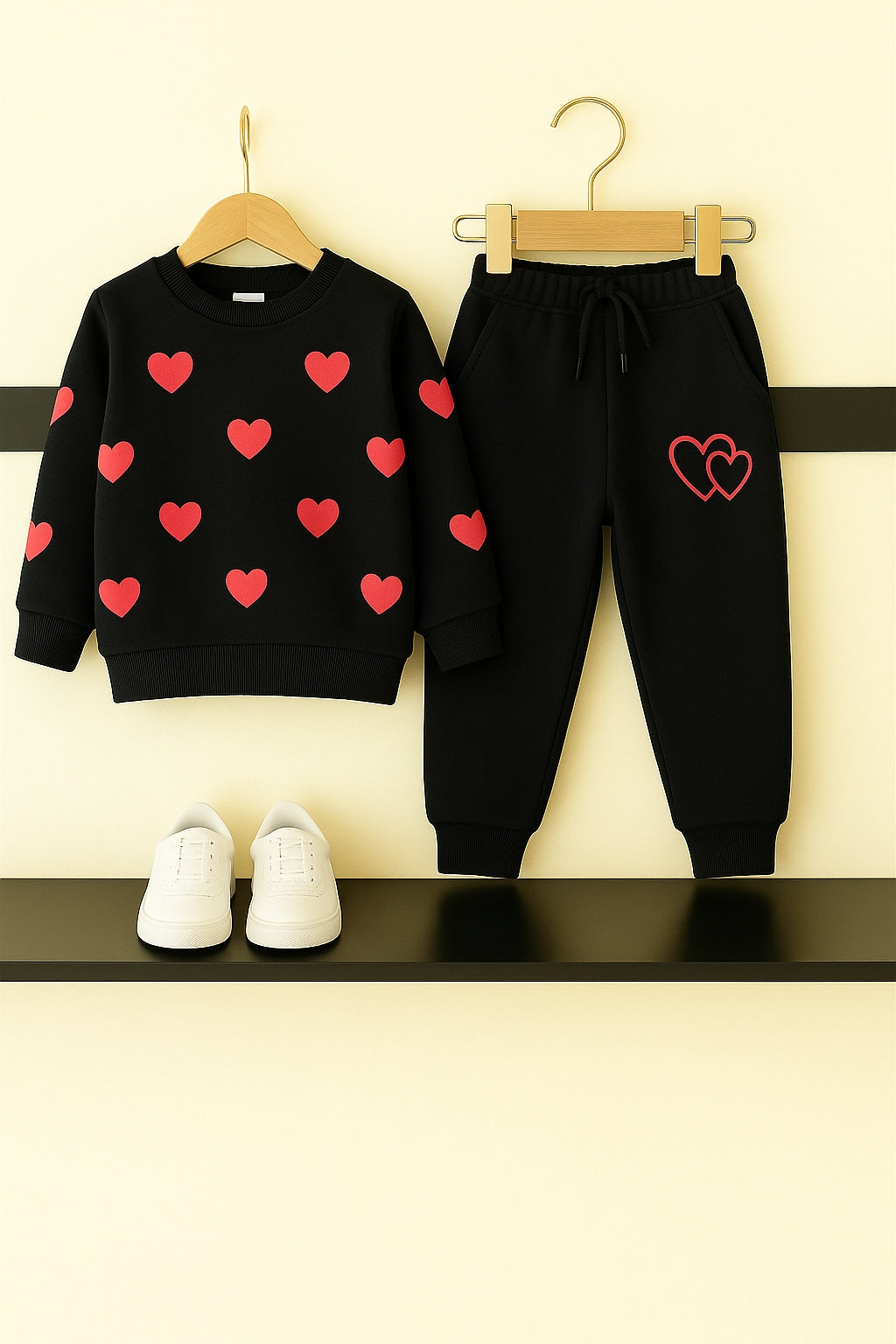 Heart All Over Print Black Tracksuit Girls 210