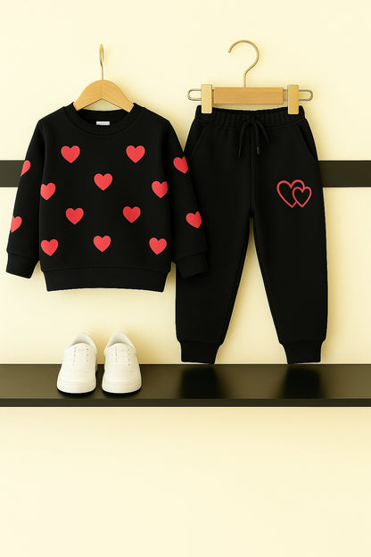 Heart All Over Print Black Tracksuit Girls 210