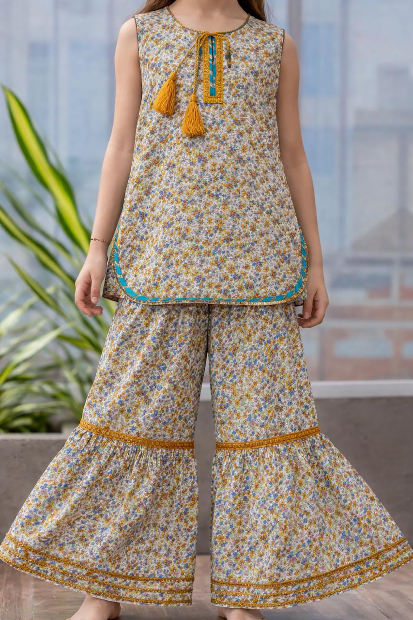 Beige Floral Allover Printed Cotton Sharara Suit-Eid Edition 110