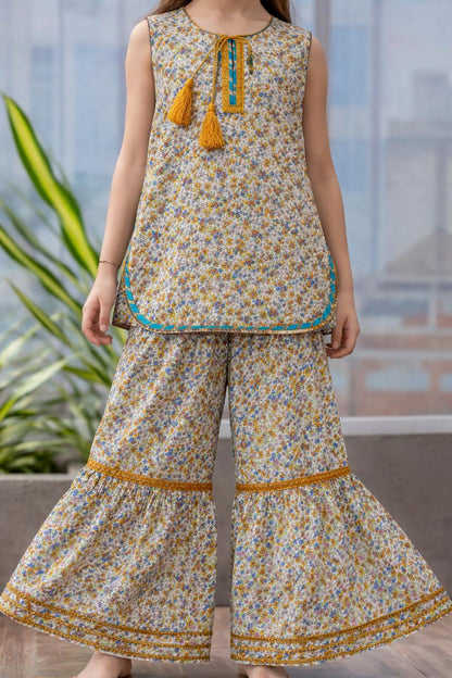 Beige Floral Allover Printed Cotton Sharara Suit-Eid Edition 110