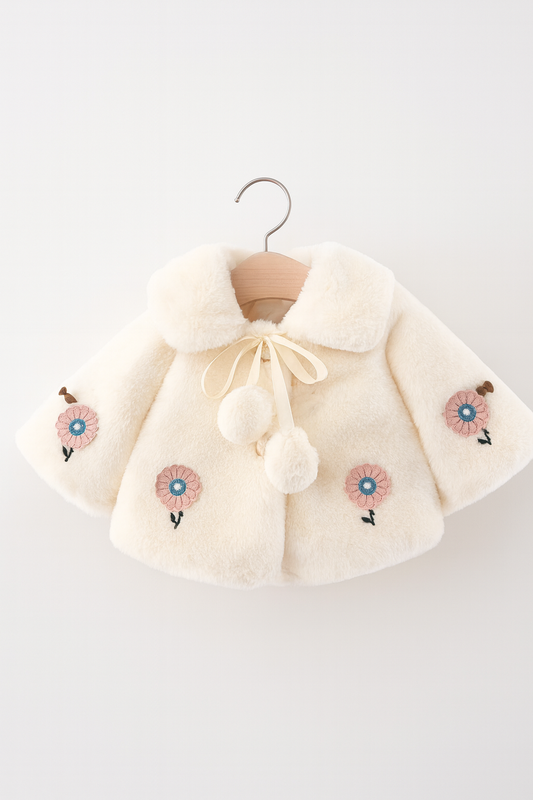 Baby Girl Furry Floral Cape Coat – Cream White