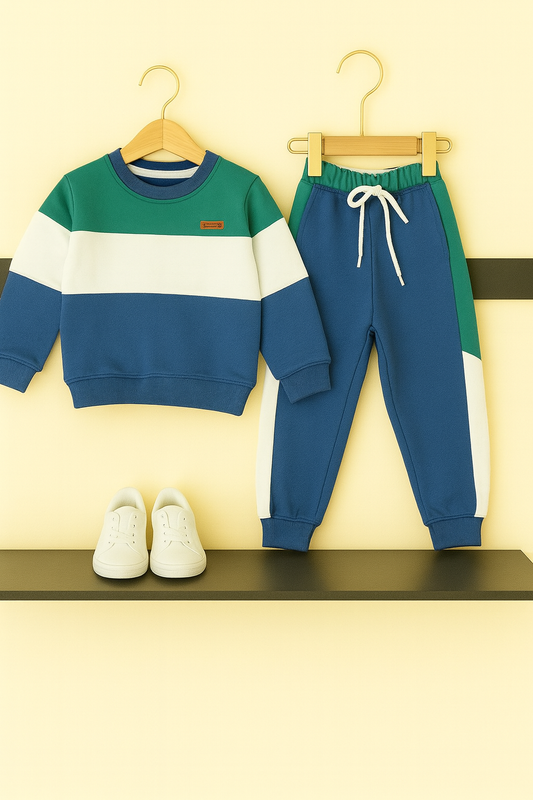 Color Block Sweatshirt & Jogger Set – Green,White,Blue 231