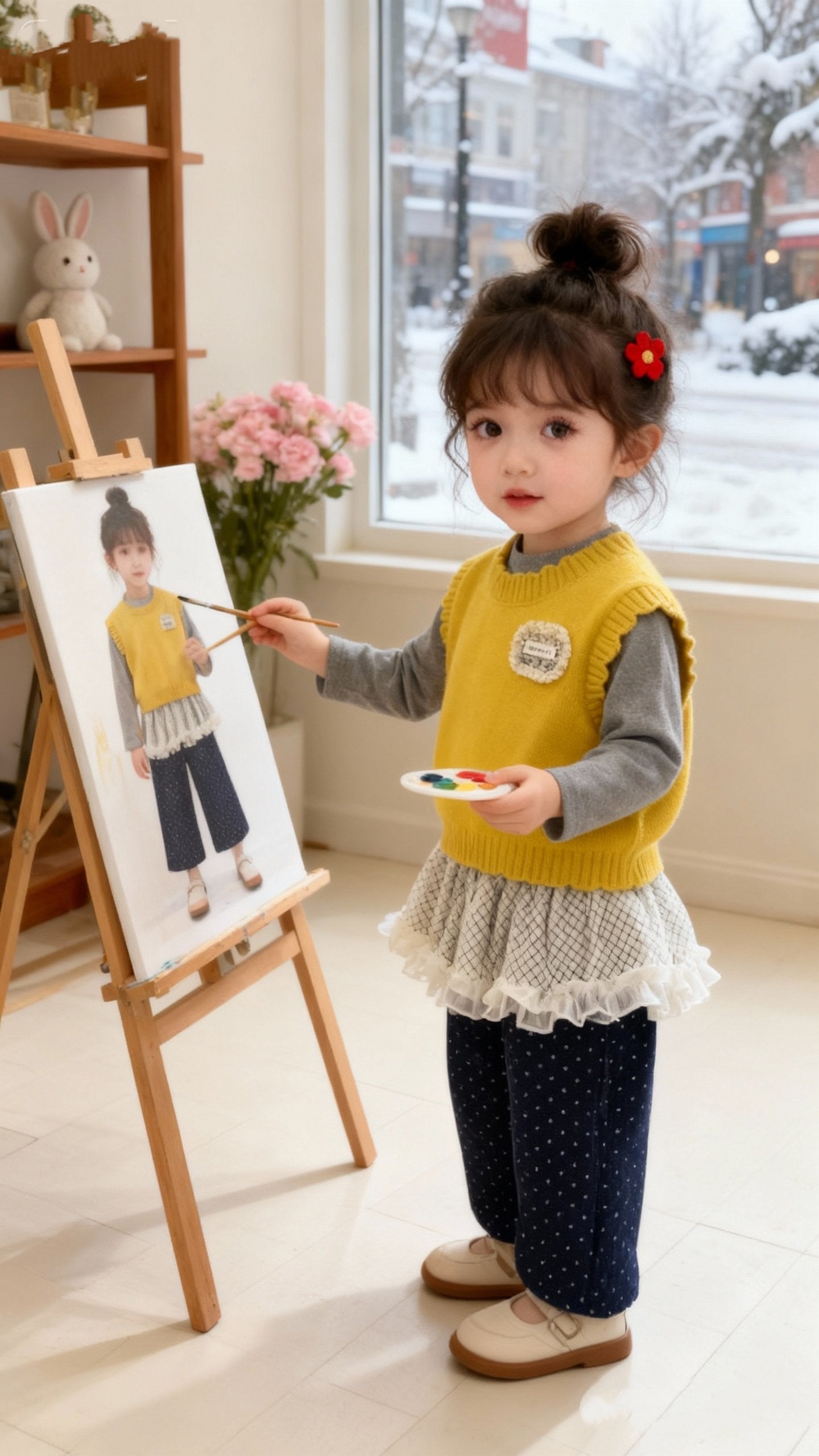 3-Piece Set – Mustard Knit Vest, Grey Top & Polka Dot Lace Pants