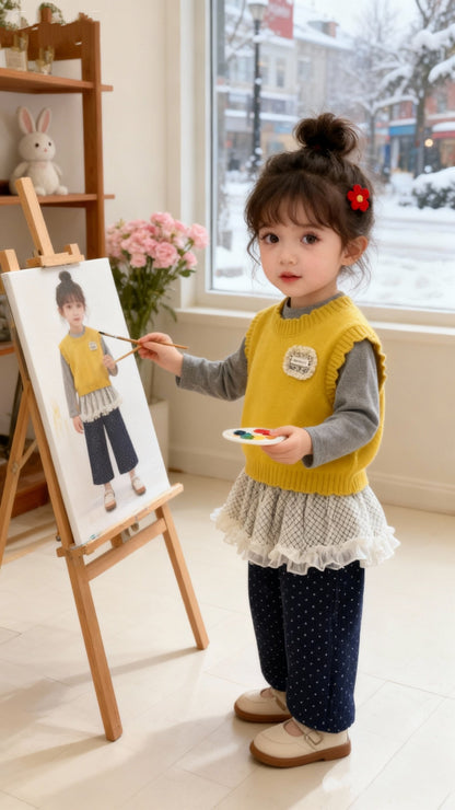 3-Piece Set – Mustard Knit Vest, Grey Top & Polka Dot Lace Pants