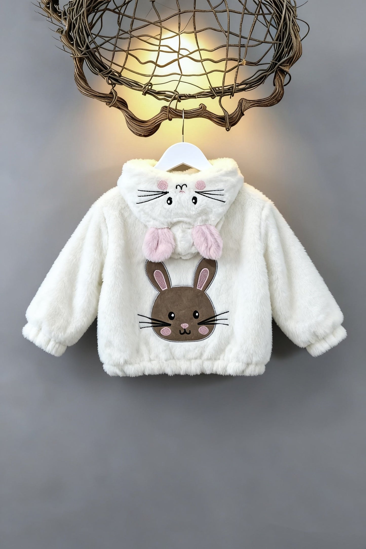 Cream White Bunny Plush Winter Coat for Girls