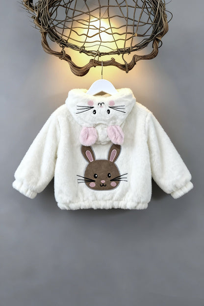Cream White Bunny Plush Winter Coat for Girls