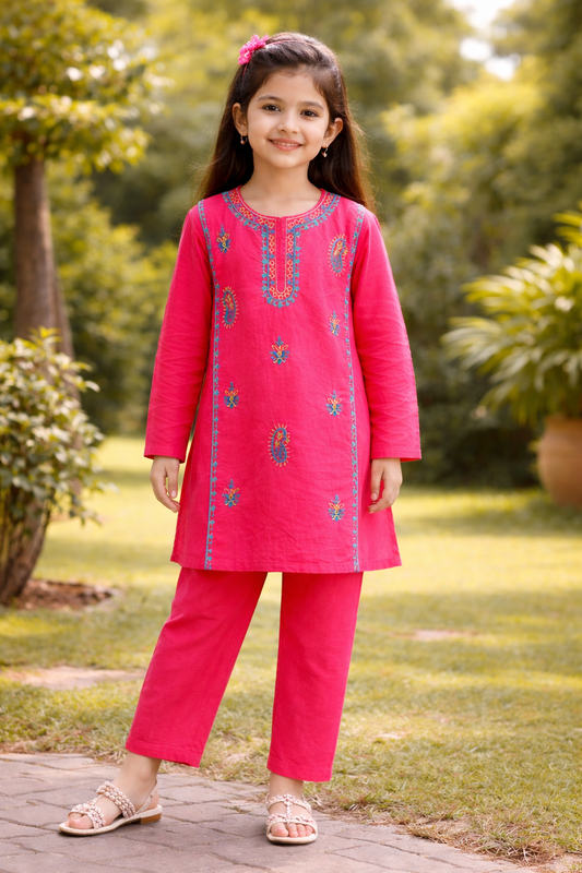 Blue Embroidery Pink Girls Suit 221