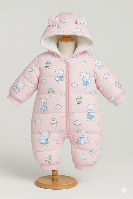 Sweet Bear Baby Winter Romper – Soft Pink Quilted Snowsuit