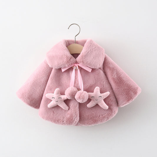 Fluffy Plush Pink Winter Cape for Baby Girls – Star Fish