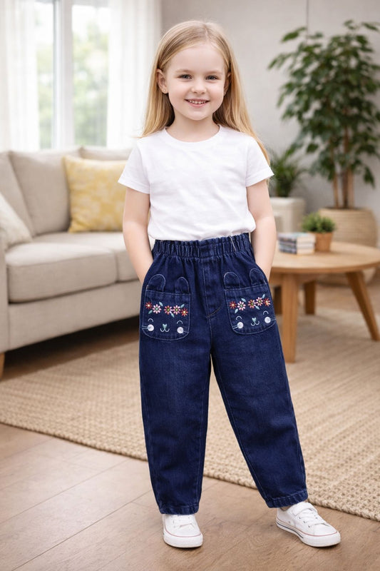 Cute Bunny Pocket Pull-up Denim Pants -Dark Blue