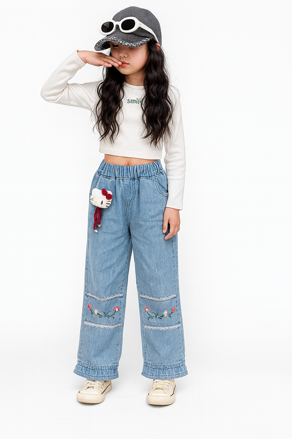 Light Blue Floral Lace Detail Denim Pants for Girls 264