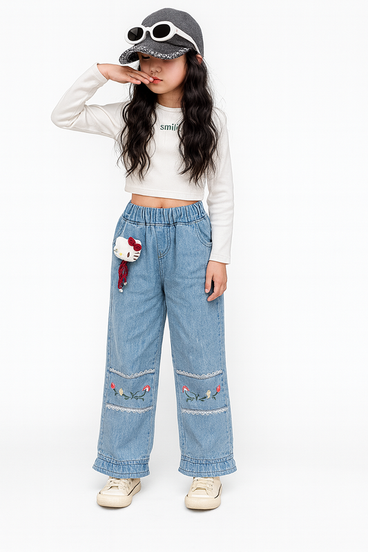 Light Blue Floral Lace Detail Denim Pants for Girls 264