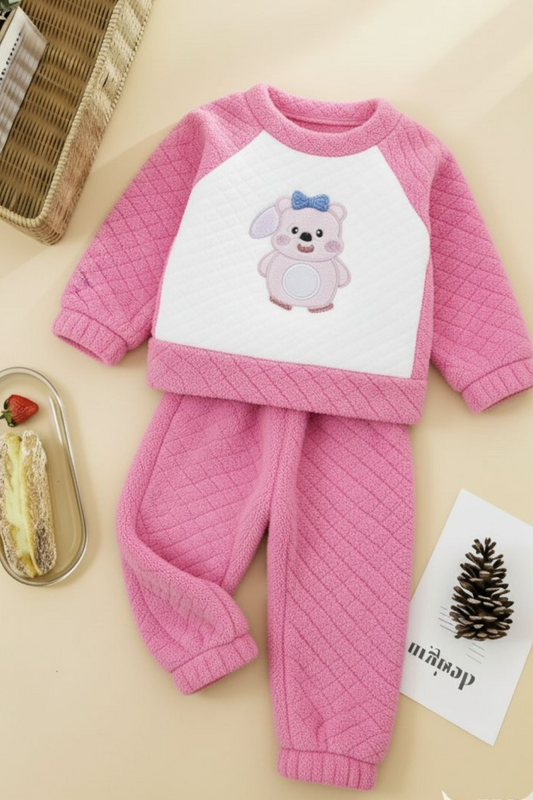 Girls’ Warm Coral Fleece Teddy Night Suit - Pink