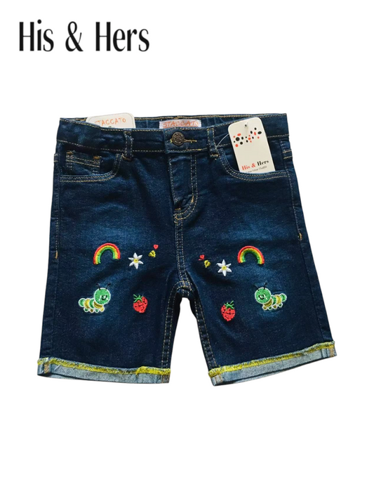 Rainbow Embroidery Dark Blue Denim Shorts Girls