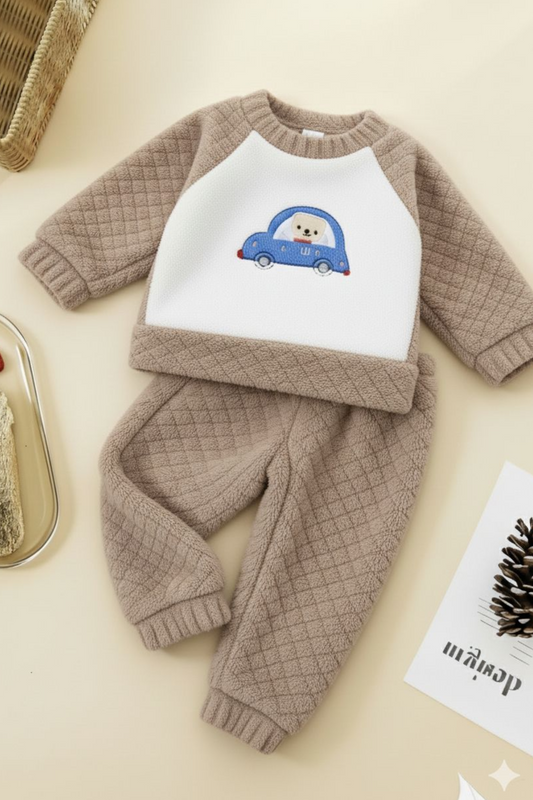 Kids' Warm Coral Fleece Car Night Suit - Ash Brown