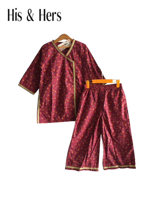 Girls' Floral Pink Traditional Suit – 2-Piece Cotton Set 238