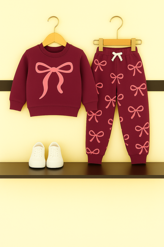 Burgundy Bow Print Girls’ Tracksuit 112