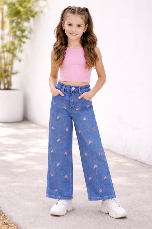 Kids Flowers Allover Embroidered Flapper Jeans – M Blue 278