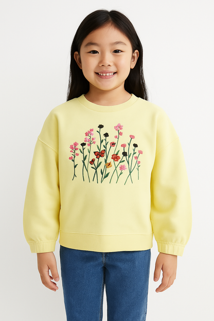 Yellow Drop-Shoulder Floral Embroidered Kids Sweatshirt 204