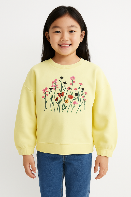 Yellow Drop-Shoulder Floral Embroidered Kids Sweatshirt 204
