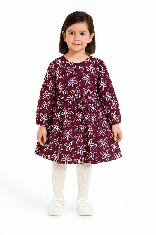 Girls’ Maroon Floral Frock – Long Sleeve 127
