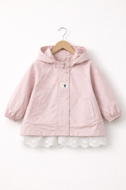 Pink Hooded Girls Jacket with Lace Hem