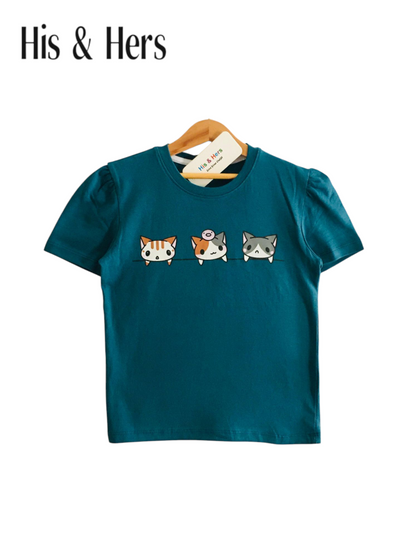 Three Kittens Blue  T-Shirt Girls 238