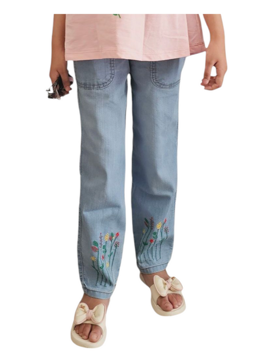 Colorful Flowers Embroidered Light Blue Soft Denim Flapper Pants Girls 270