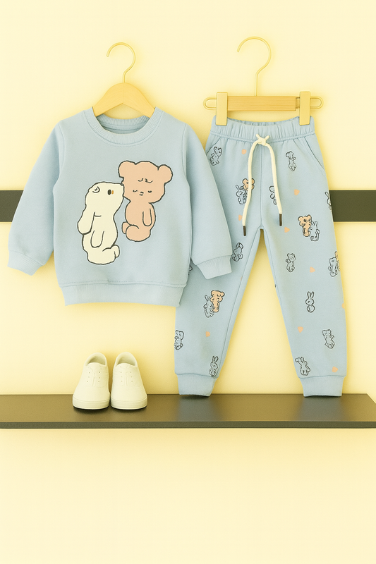 Light Blue Bear Print Fleece Tracksuit – Cozy Winter Wear for Kids