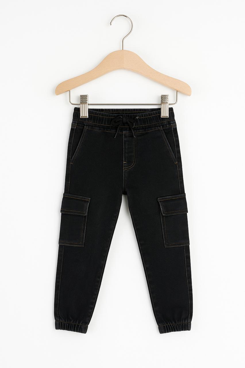 Charcoal Black Kids Cargo Jeans – Elastic Waist 450
