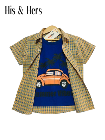 Blue Checked Beige Double Casual Shirt Boys 210