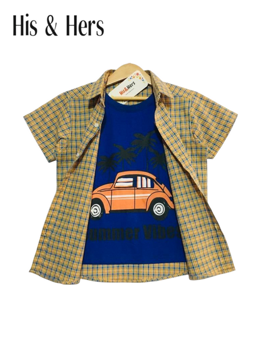 Blue Checked Beige Double Casual Shirt Boys 210