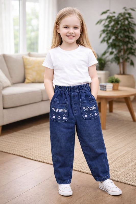 Cute Bunny Pocket Pull-up Denim Pants -Mid Blue