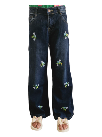 White Flowers Embroidered Dark Blue Denim Flapper Pants Girls 269
