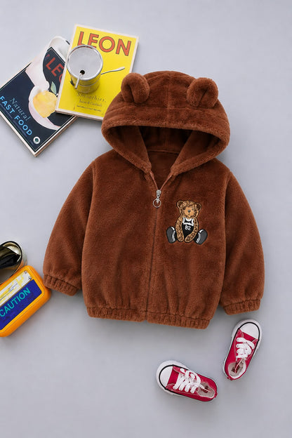Teddy Bear Patch Plush Hooded Jacket – Burnt Orange