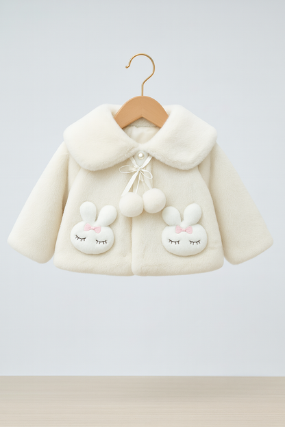 Fluffy Cream White Winter Cape for Baby Girls – 3D Bunny