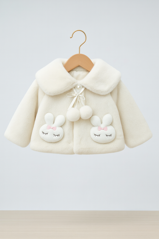 Fluffy Cream White Winter Cape for Baby Girls – 3D Bunny