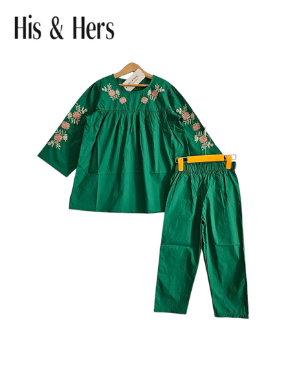 Flowers Embroidery Green Girls Suit L10