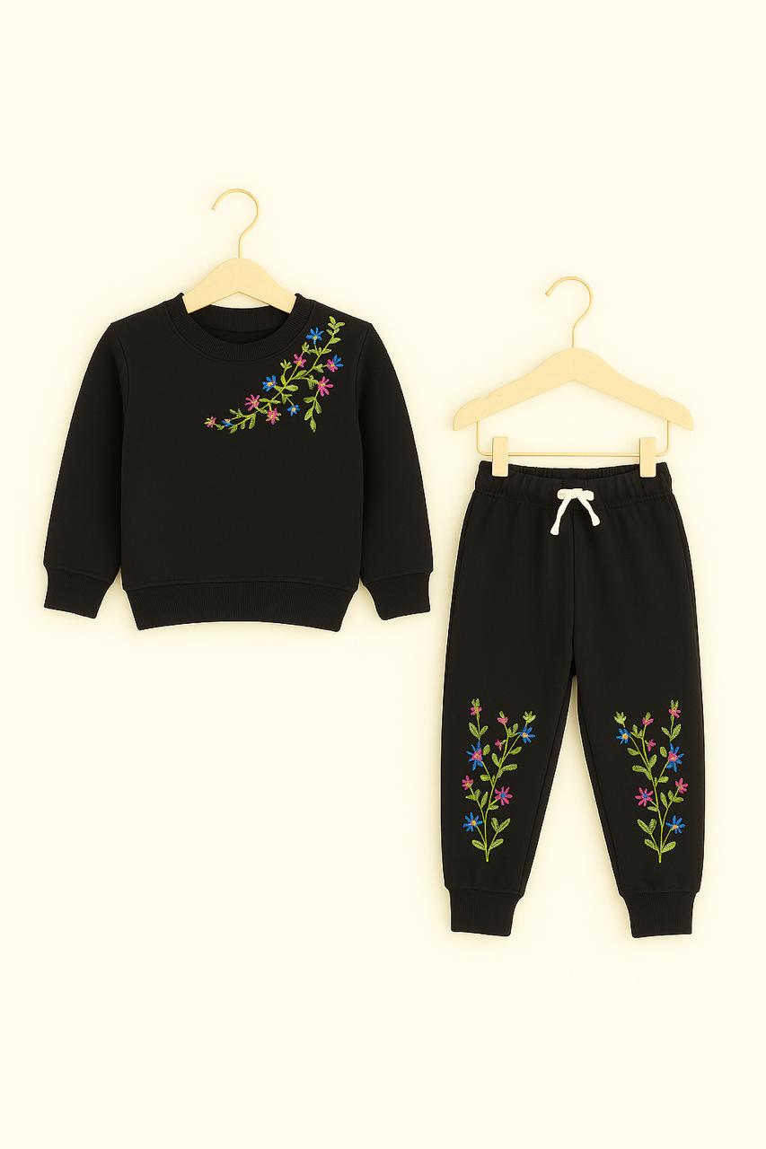 Girls Black Tracksuit – Elegant Floral Embroidery 284